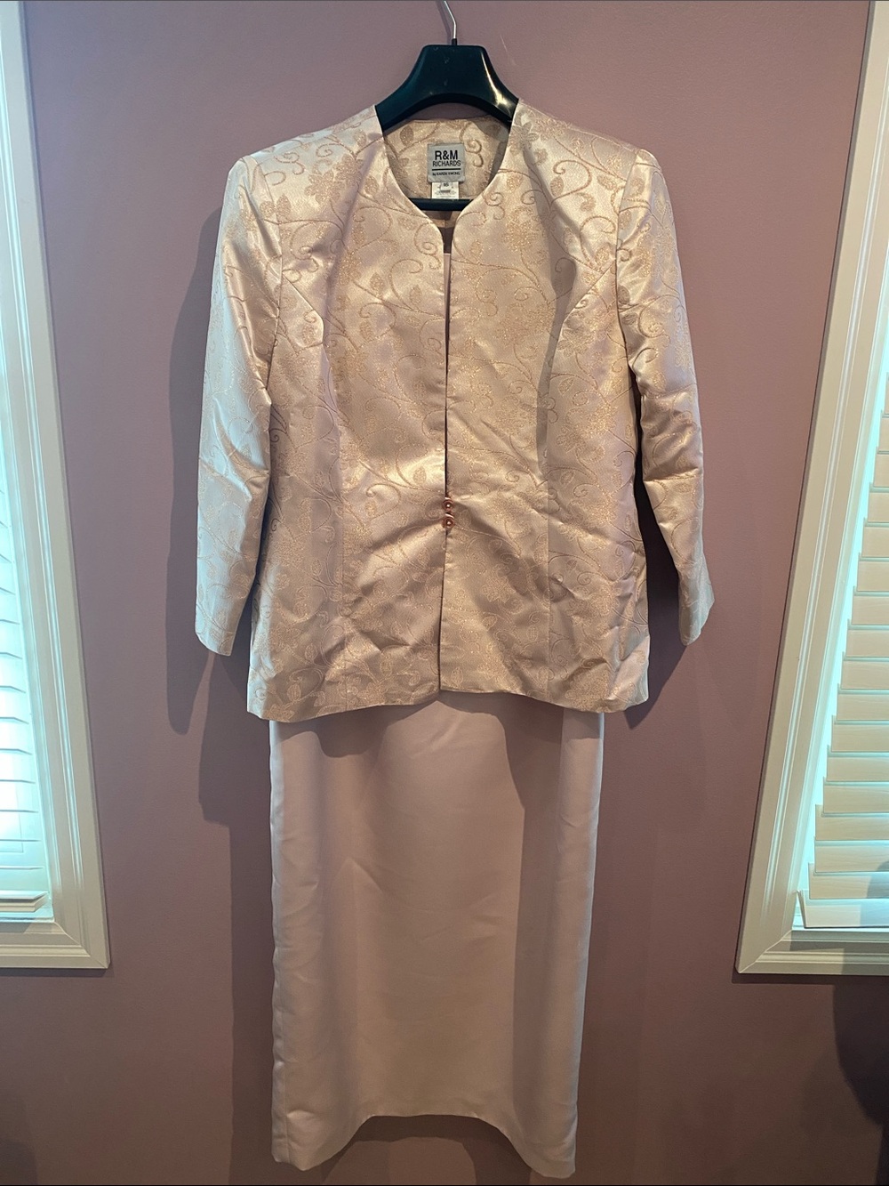 R&M Richards Light Pink Brocade Jacket with Matching Maxi Skirt